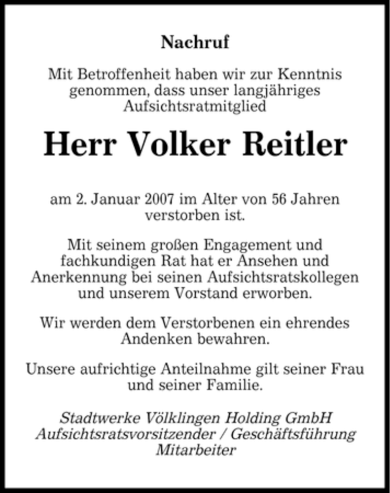  Traueranzeige für Volker Reitler vom 05.01.2007 aus SAARBRÜCKER ZEITUNG