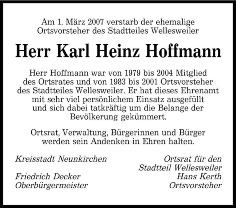 Traueranzeigen Von Karl Heinz Hoffmann Saarbruecker Zeitung Trauer De