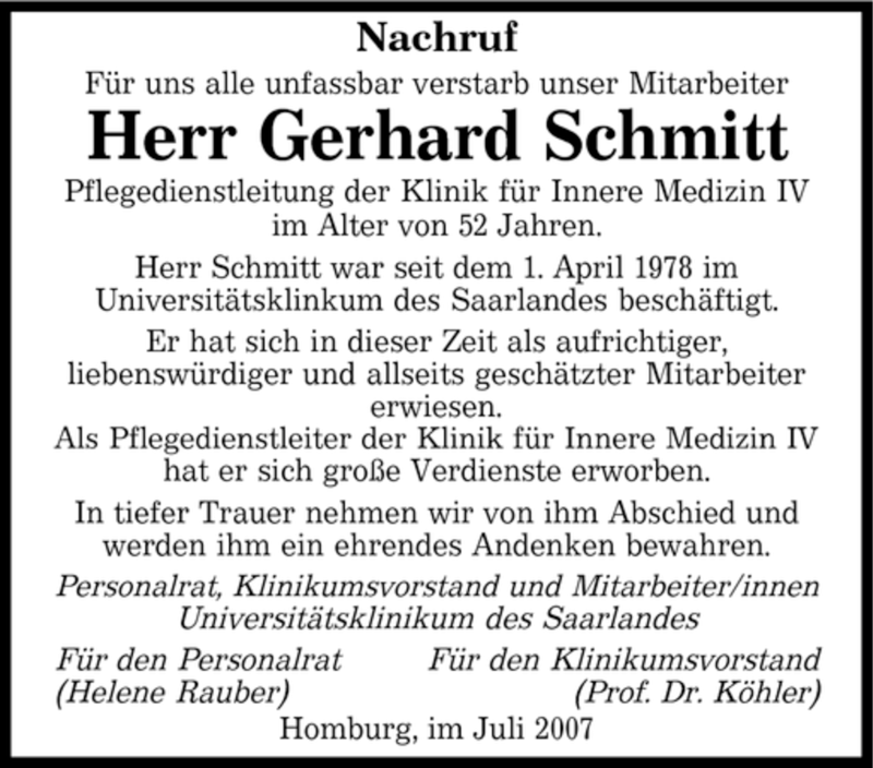 Traueranzeigen Von Gerhard Schmitt Saarbruecker Zeitung Trauer De