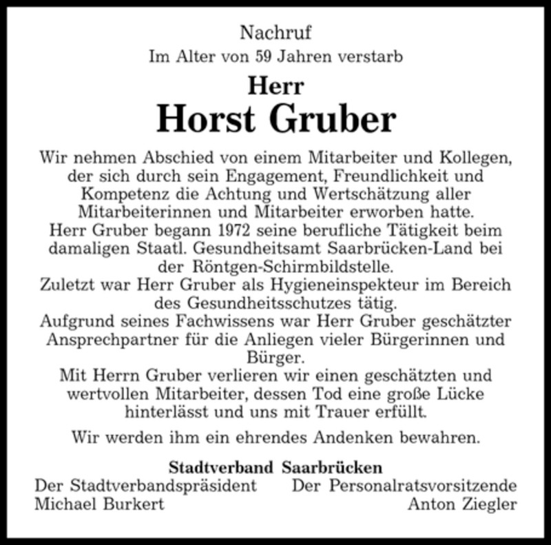 Traueranzeigen Von Horst Gruber Saarbruecker Zeitung Trauer De