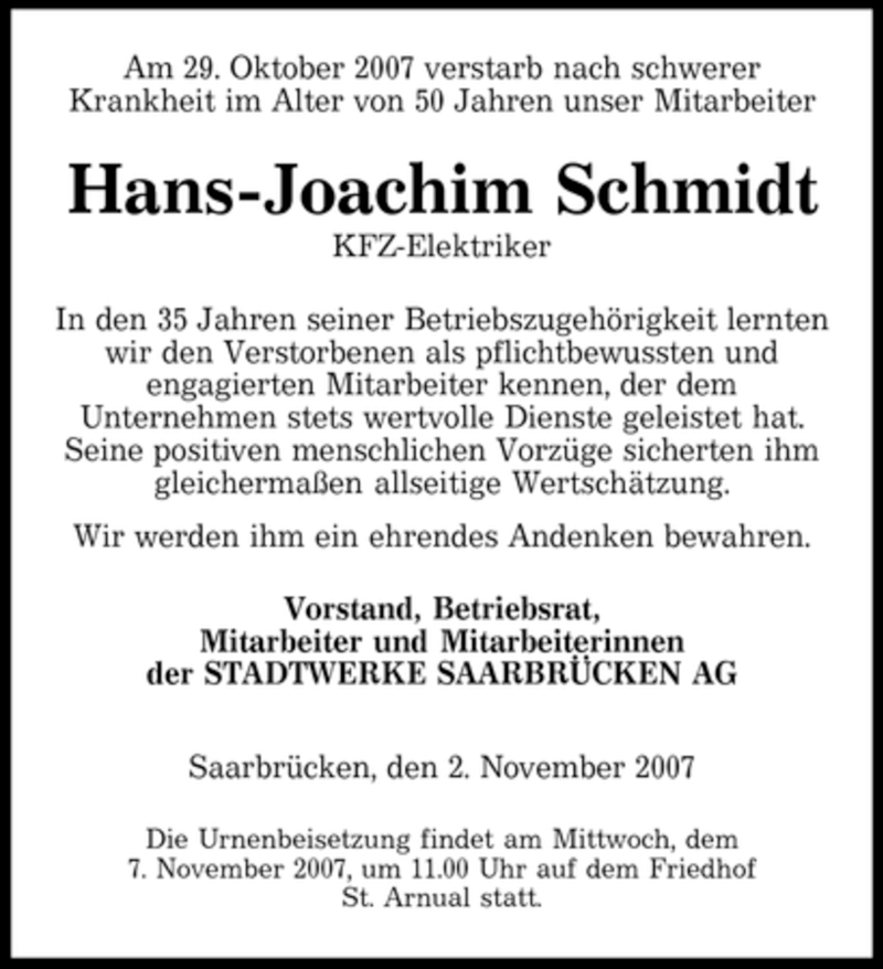 Traueranzeigen Von Hans Joachim Schmidt Saarbruecker Zeitung Trauer De