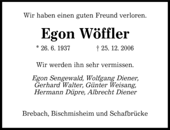 Traueranzeigen von Egon Wöffler Saarbruecker Zeitung Trauer de