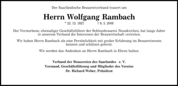 Traueranzeige von Wolfgang Rambach von SAARBRÜCKER ZEITUNG