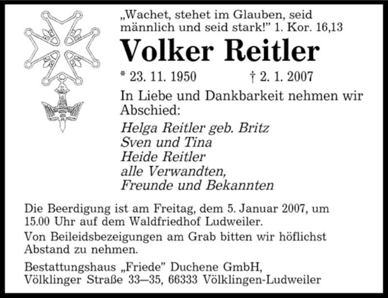  Traueranzeige für Volker Reitler vom 04.01.2007 aus SAARBRÜCKER ZEITUNG