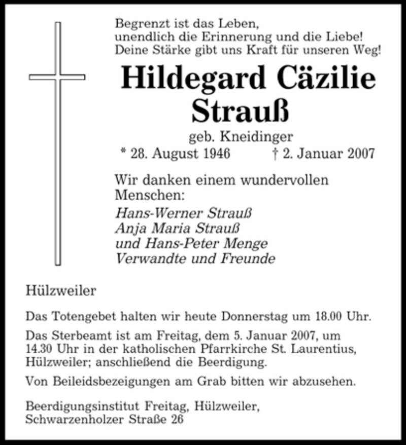 Traueranzeigen von Hildegard Cäzilie Strauß Saarbruecker Zeitung