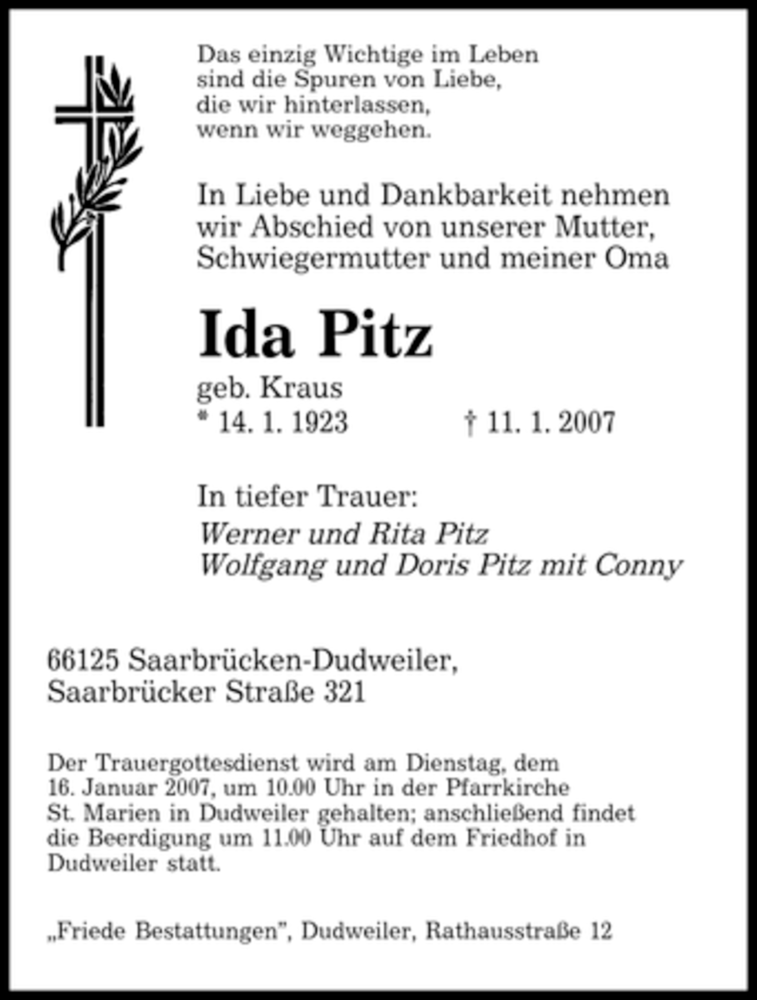 Traueranzeigen Von Ida Pitz Saarbruecker Zeitung Trauer De