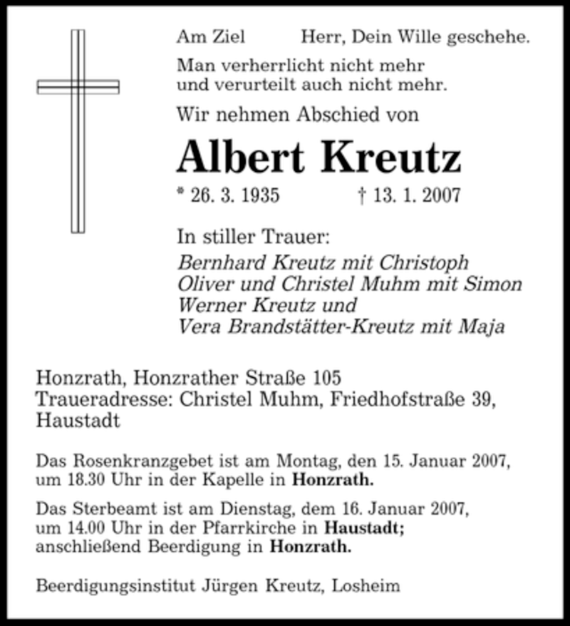 Traueranzeigen Von Kreutz Albert Saarbruecker Zeitung Trauer De