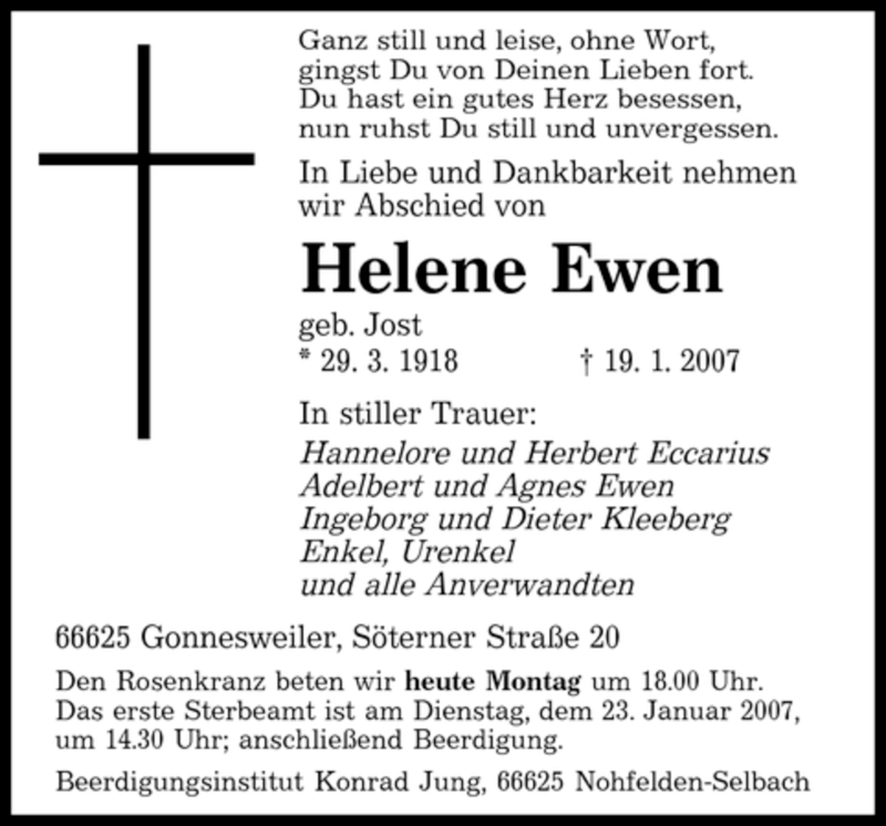 Traueranzeigen Von Helene Ewen Saarbruecker Zeitung Trauer De