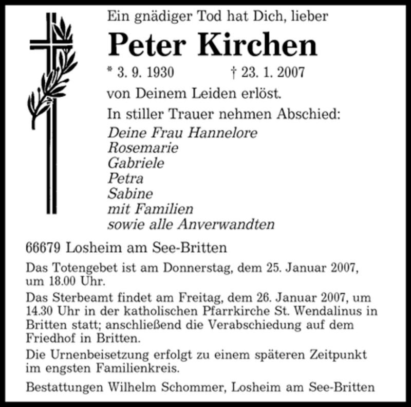 Traueranzeigen Von Peter Kirchen Saarbruecker Zeitung Trauer De