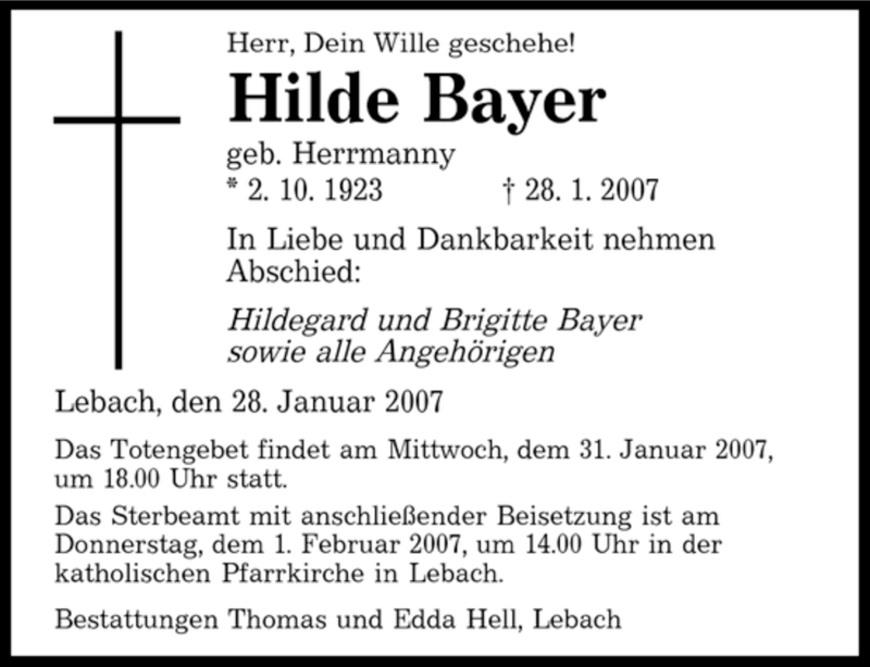 Traueranzeigen Von Hilde Bayer Saarbruecker Zeitung Trauer De