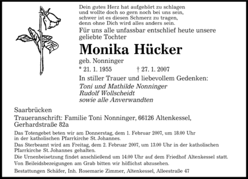 Traueranzeigen Von Monika H Cker Saarbruecker Zeitung Trauer De