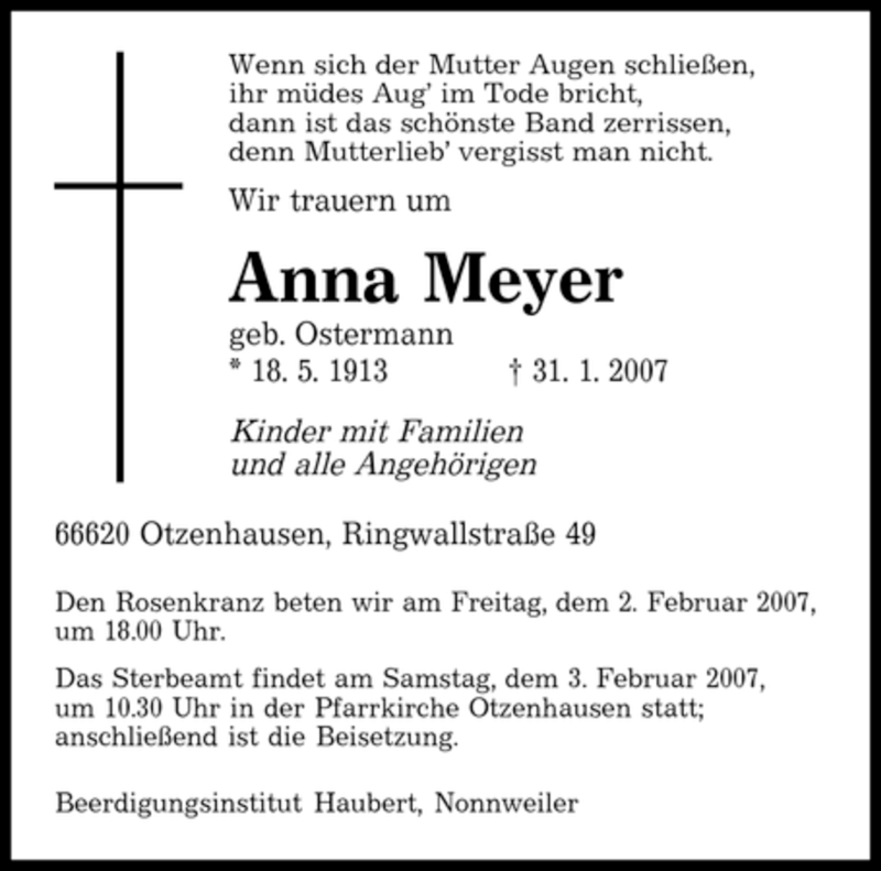 Traueranzeigen Von Anna Meyer Saarbruecker Zeitung Trauer De