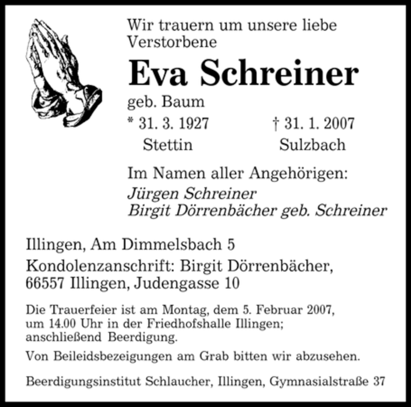 Traueranzeigen Von Eva Schreiner Saarbruecker Zeitung Trauer De