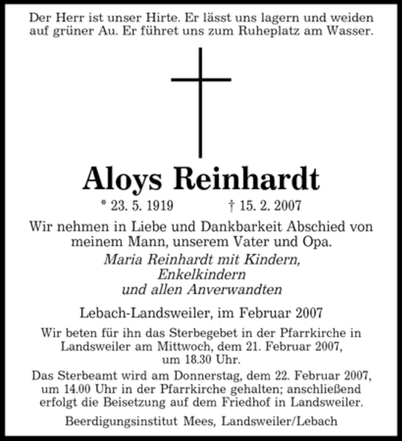 Traueranzeigen Von Aloys Reinhardt Saarbruecker Zeitung Trauer De