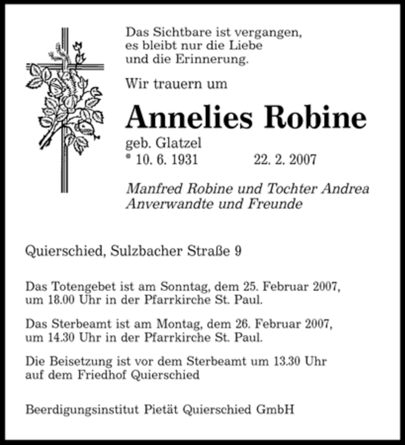 Traueranzeigen Von Annelies Robine Saarbruecker Zeitung Trauer De