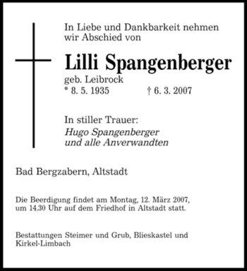 Traueranzeigen Von Lilli Spangenberger Saarbruecker Zeitung Trauer De