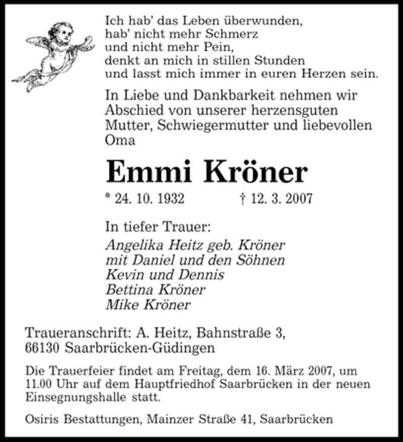 Traueranzeigen von Emmi Kröner Saarbruecker Zeitung Trauer de