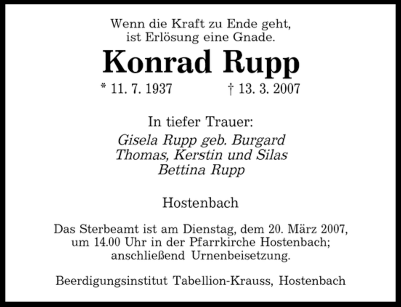 Traueranzeigen Von Konrad Rupp Saarbruecker Zeitung Trauer De