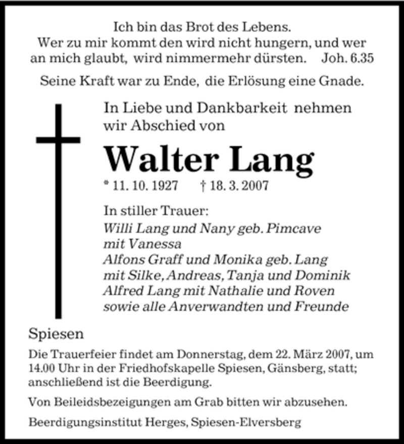 Traueranzeigen Von Walter Lang Saarbruecker Zeitung Trauer De