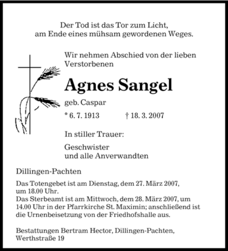 Traueranzeigen Von Agnes Sangel Saarbruecker Zeitung Trauer De