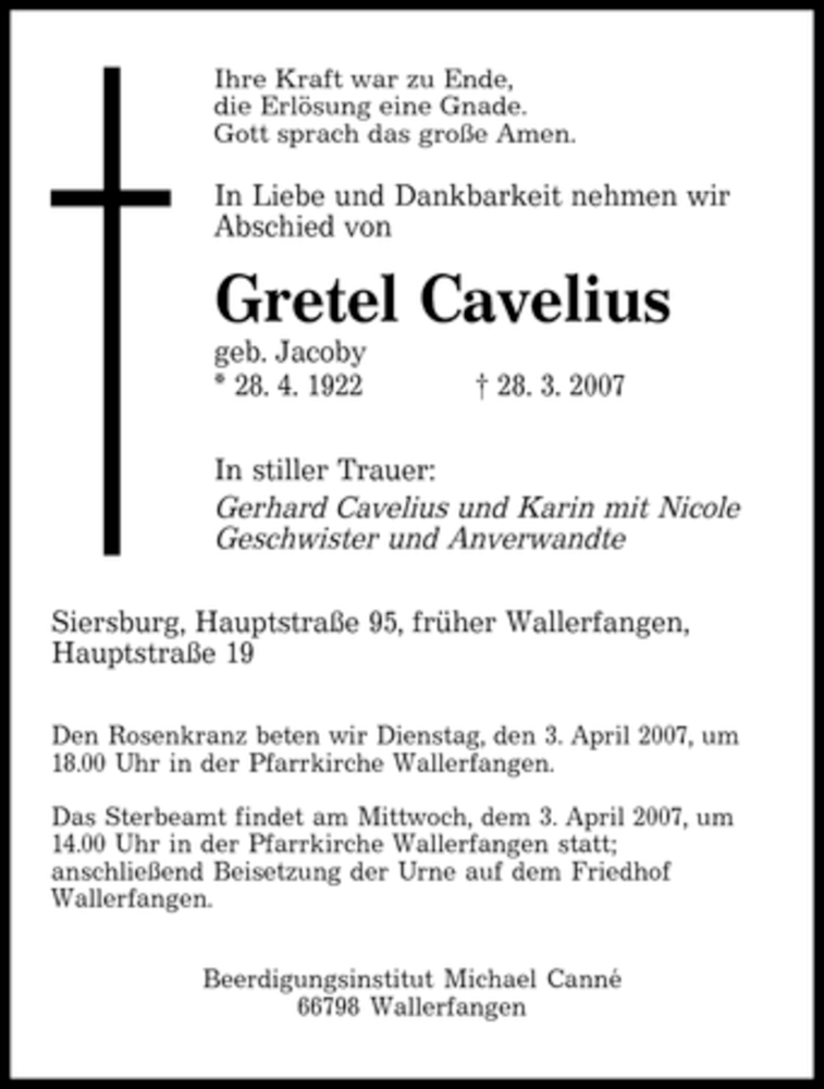 Traueranzeigen Von Gretel Cavelius Saarbruecker Zeitung Trauer De