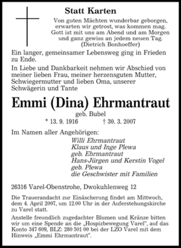 Traueranzeigen Von Emmi Ehrmantraut Saarbruecker Zeitung Trauer De