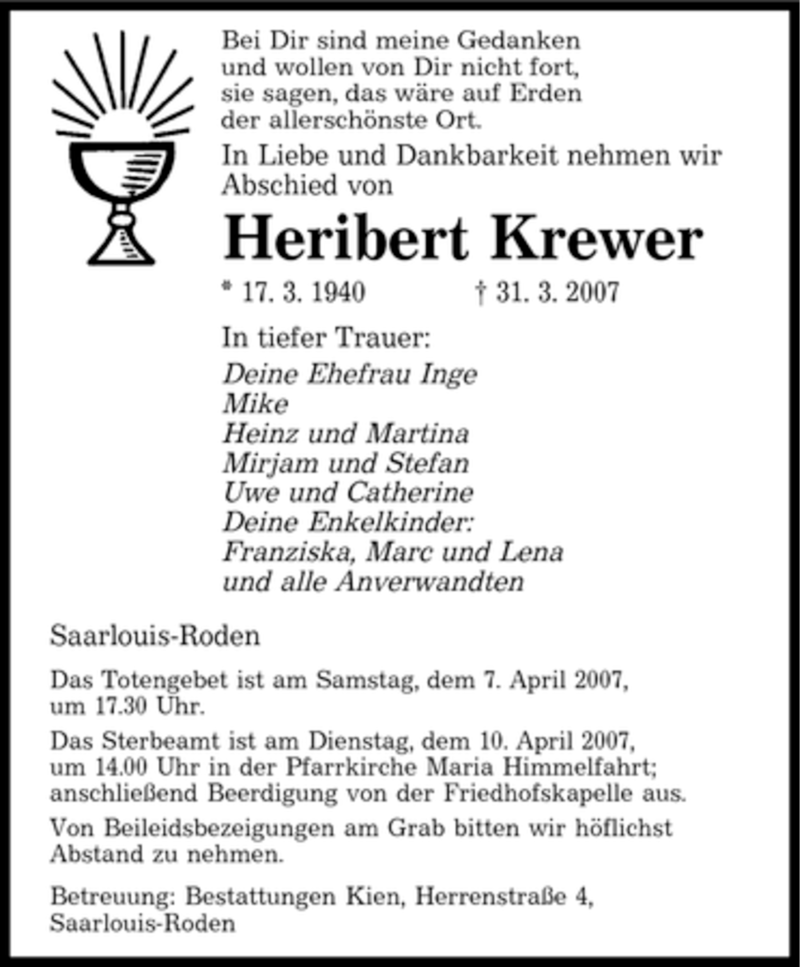 Traueranzeigen Von Heribert Krewer Saarbruecker Zeitung Trauer De