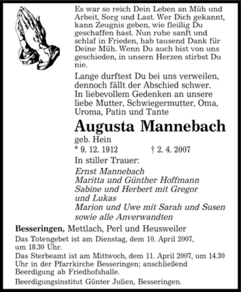 Traueranzeigen Von Augusta Mannebach Saarbruecker Zeitung Trauer De