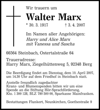 Traueranzeigen Von Walter Marx Saarbruecker Zeitung Trauer De