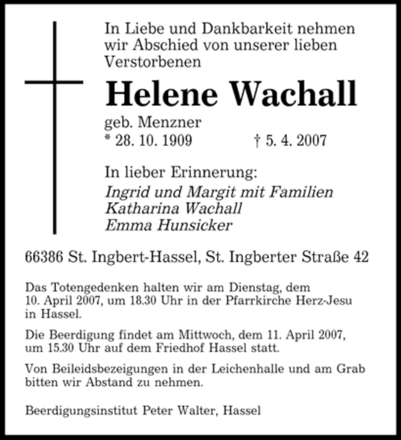 Traueranzeigen Von Helene Wachall Saarbruecker Zeitung Trauer De