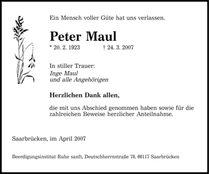 Traueranzeigen Von Peter Maul Saarbruecker Zeitung Trauer De