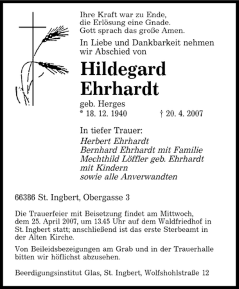 Traueranzeigen Von Hildegard Ehrhardt Saarbruecker Zeitung Trauer De