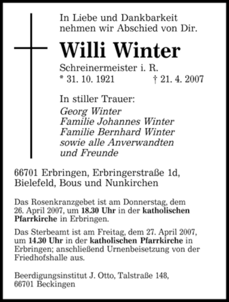 Traueranzeigen Von Willi Winter Saarbruecker Zeitung Trauer De