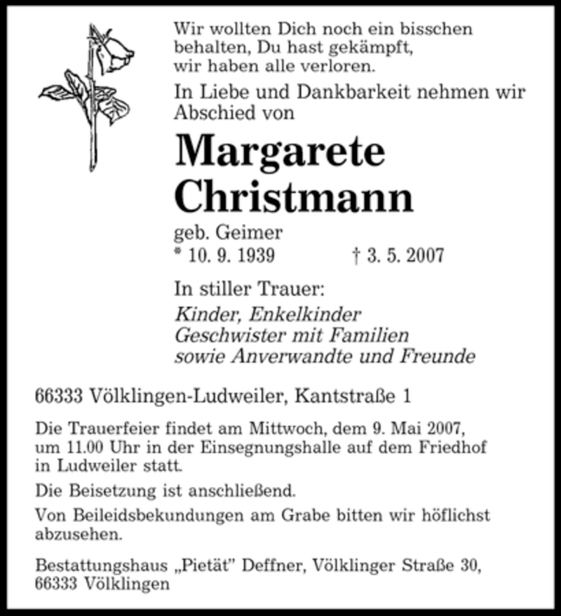 Traueranzeigen Von Margarete Christmann Saarbruecker Zeitung Trauer De