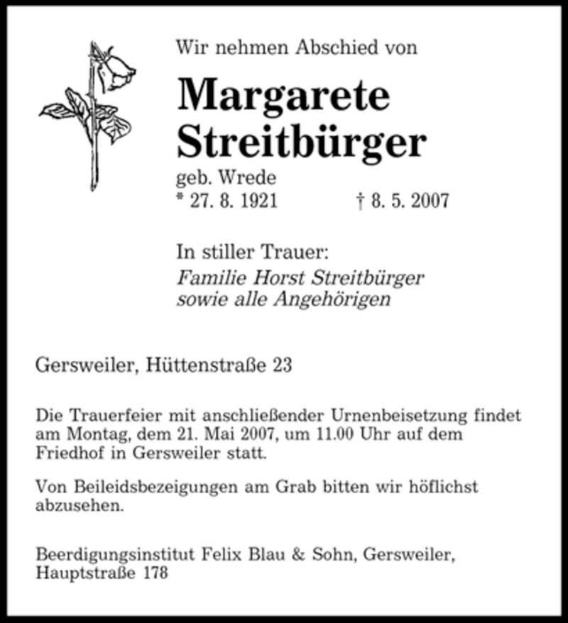 Traueranzeigen Von Margarete Streitb Rger Saarbruecker Zeitung Trauer De