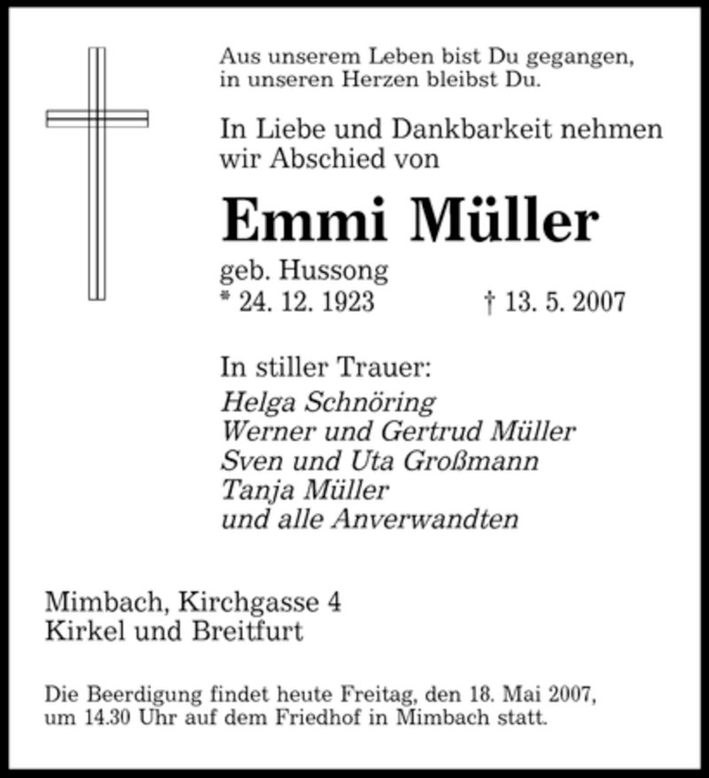 Traueranzeigen von Emmi Müller Saarbruecker Zeitung Trauer de