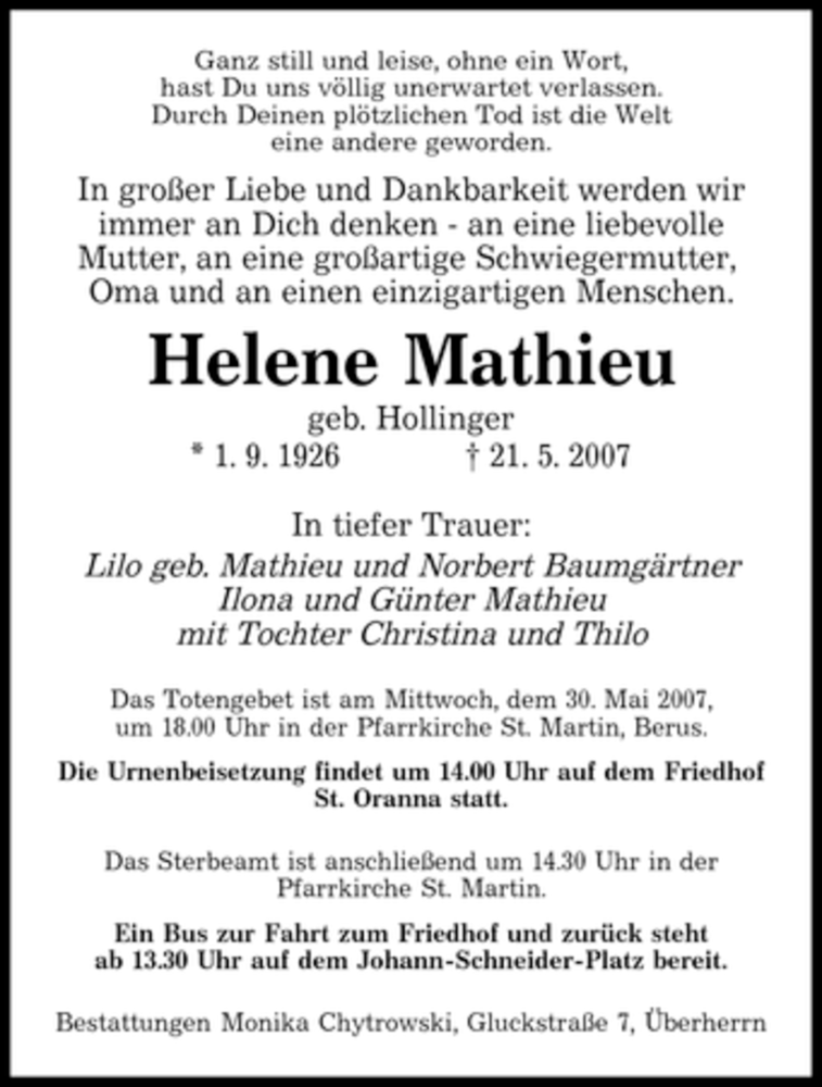 Traueranzeigen Von Helene Mathieu Saarbruecker Zeitung Trauer De