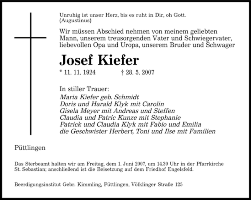 Traueranzeigen Von Josef Kiefer Saarbruecker Zeitung Trauer De