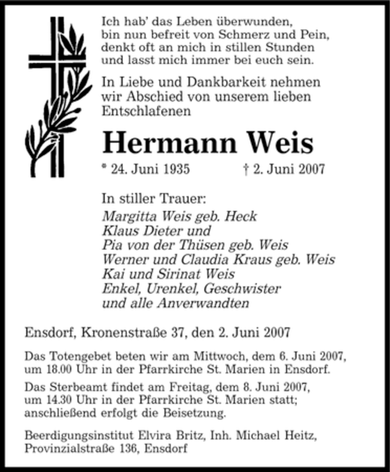 Traueranzeigen Von Hermann Weis Saarbruecker Zeitung Trauer De