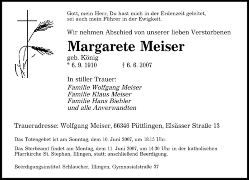 Traueranzeigen Von Margarete Meiser Saarbruecker Zeitung Trauer De