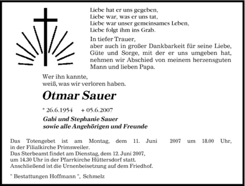 Traueranzeigen Von Otmar Sauer Saarbruecker Zeitung Trauer De