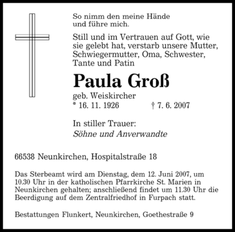 Traueranzeigen von Paula Groß Saarbruecker Zeitung Trauer de