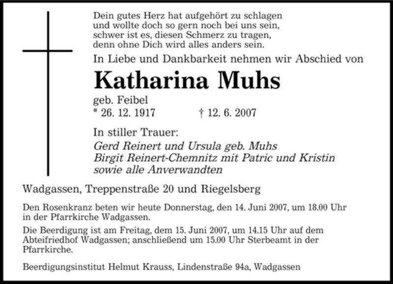 Traueranzeigen Von Katharina Muhs Saarbruecker Zeitung Trauer De