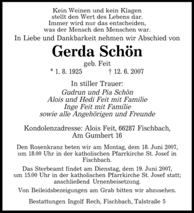 Traueranzeigen Von Gerda Sch N Saarbruecker Zeitung Trauer De