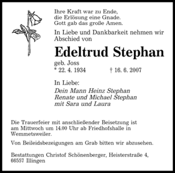 Traueranzeigen Von Edeltrud Stephan Saarbruecker Zeitung Trauer De