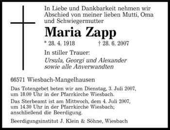 Traueranzeigen Von Maria Zapp Saarbruecker Zeitung Trauer De