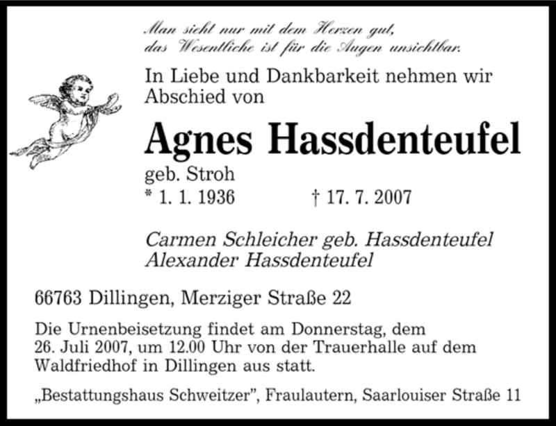 Traueranzeigen Von Agnes Hassdenteufel Saarbruecker Zeitung Trauer De