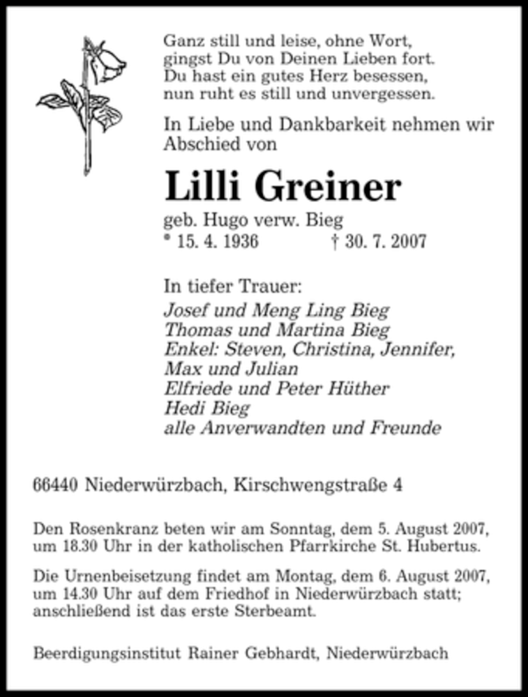 Traueranzeigen Von Lilli Greiner Saarbruecker Zeitung Trauer De