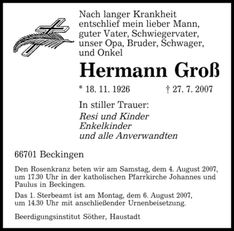 Traueranzeigen Von Hermann Gro Saarbruecker Zeitung Trauer De