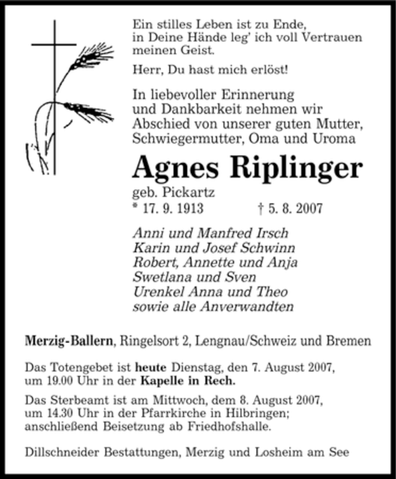 Traueranzeigen Von Agnes Riplinger Saarbruecker Zeitung Trauer De